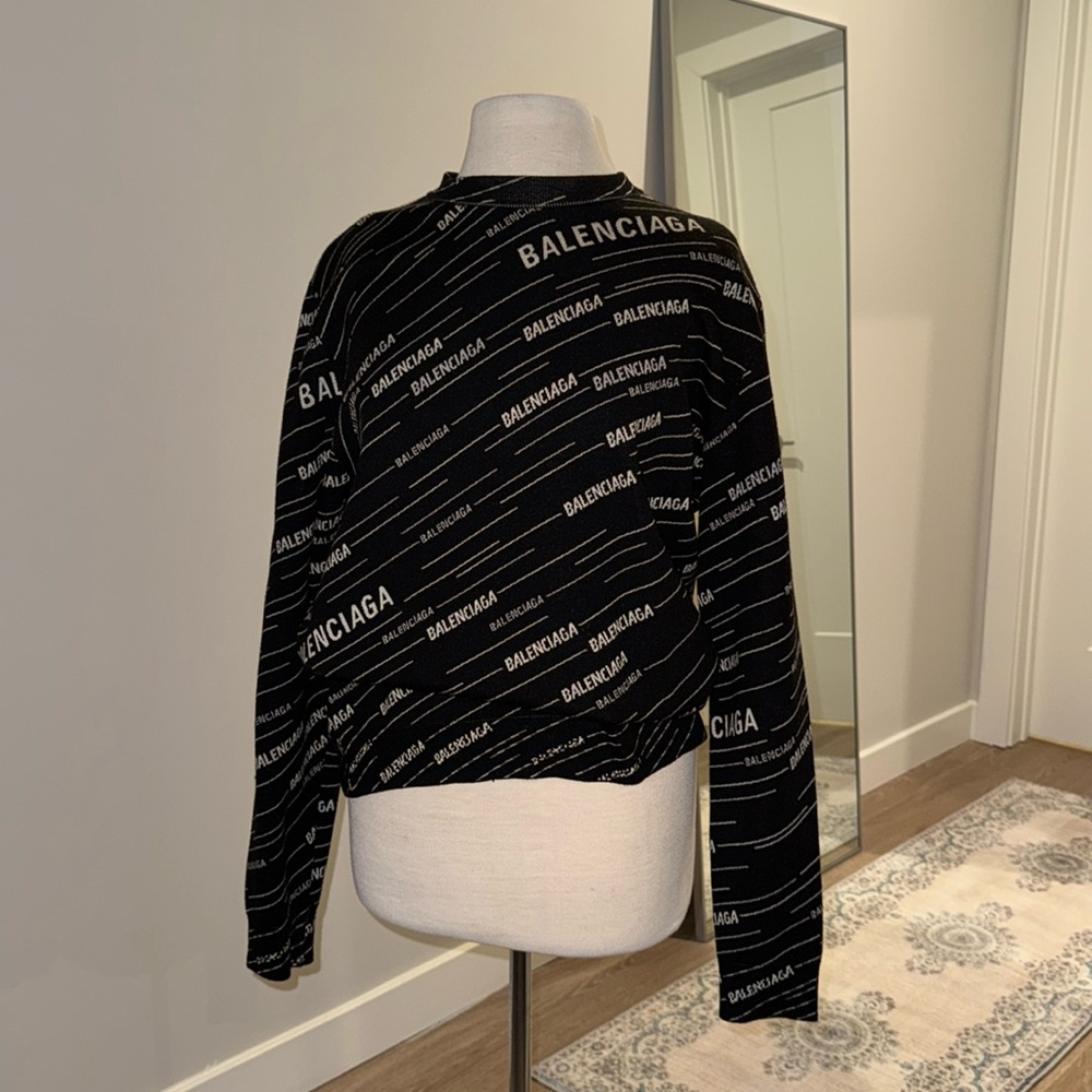 Balenciaga Jacquard Logo Crewneck Sweater In Black Virgin Wool